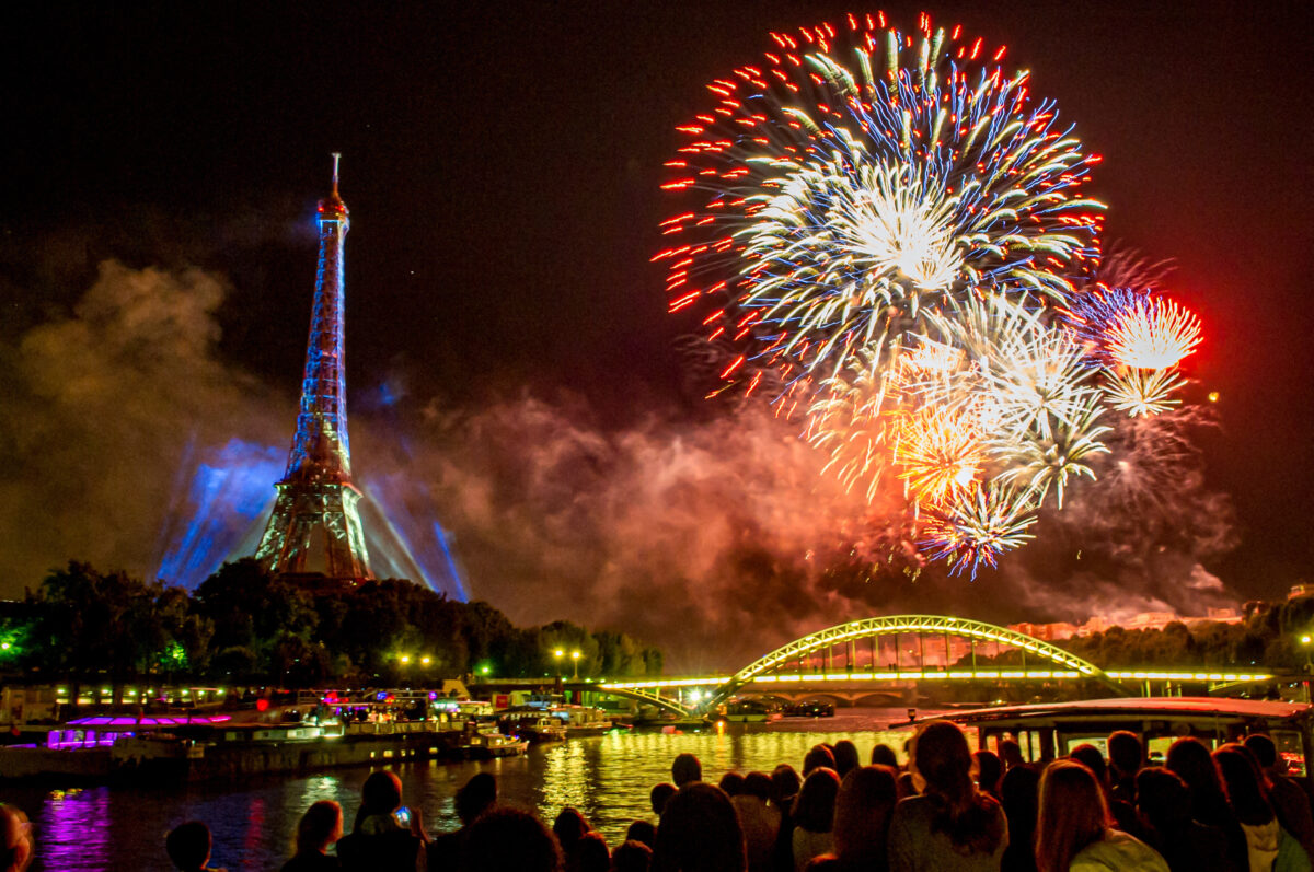 Fireworks over the Seine in Paris, France on Bastille Day