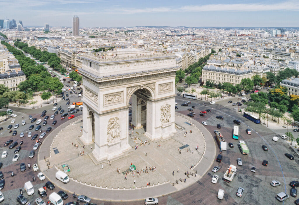 Aerial view of the Arc de Triomphe Monument in Paris, France