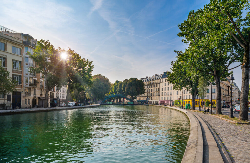 View of the Canal Saint-Martin in Paris, France during a sunny day