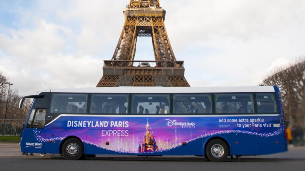 Disneyland Paris Express Shuttle Bus in front of the Eiffel Tower