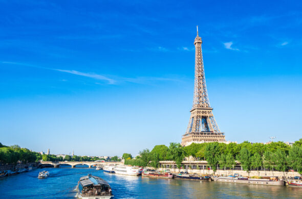 Panoramic view of the seine river, Eiffel Tower and Paris, France skyline