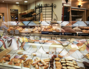 Different bake goods at a French bakery in Paris, France