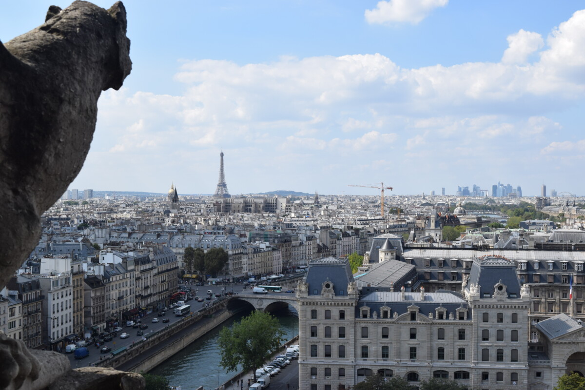 Gargoyle on top of Notre-Dame de Paris. Notre-Dame, is a medieval Catholic cathedral on the Île de la Cité of Paris.