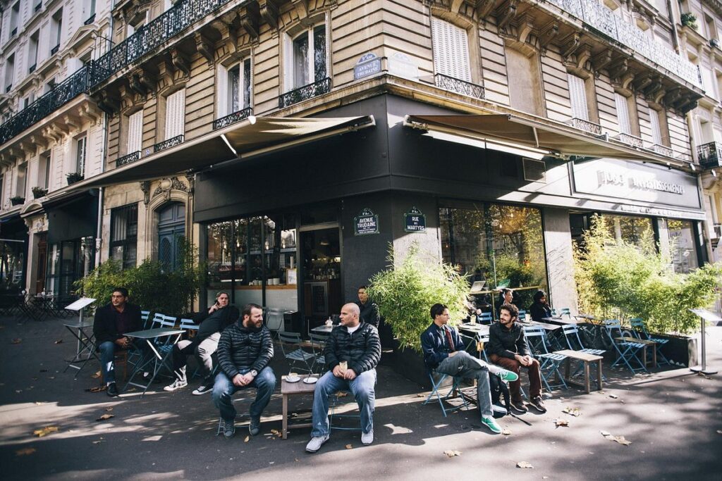 Exterior and outdoor sits in KB CaféShop, Paris, France