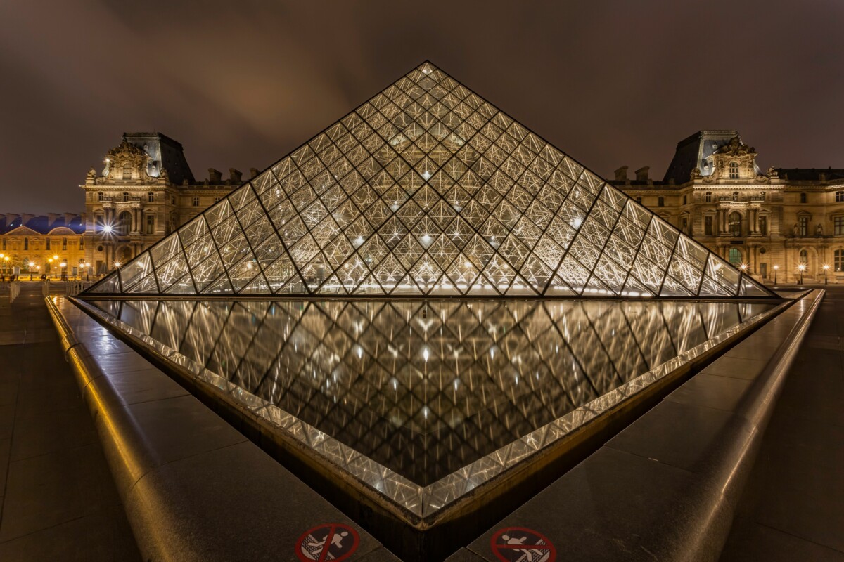 Louvre Museum Pyramid illuminated at night reflecting symmetrically on the water