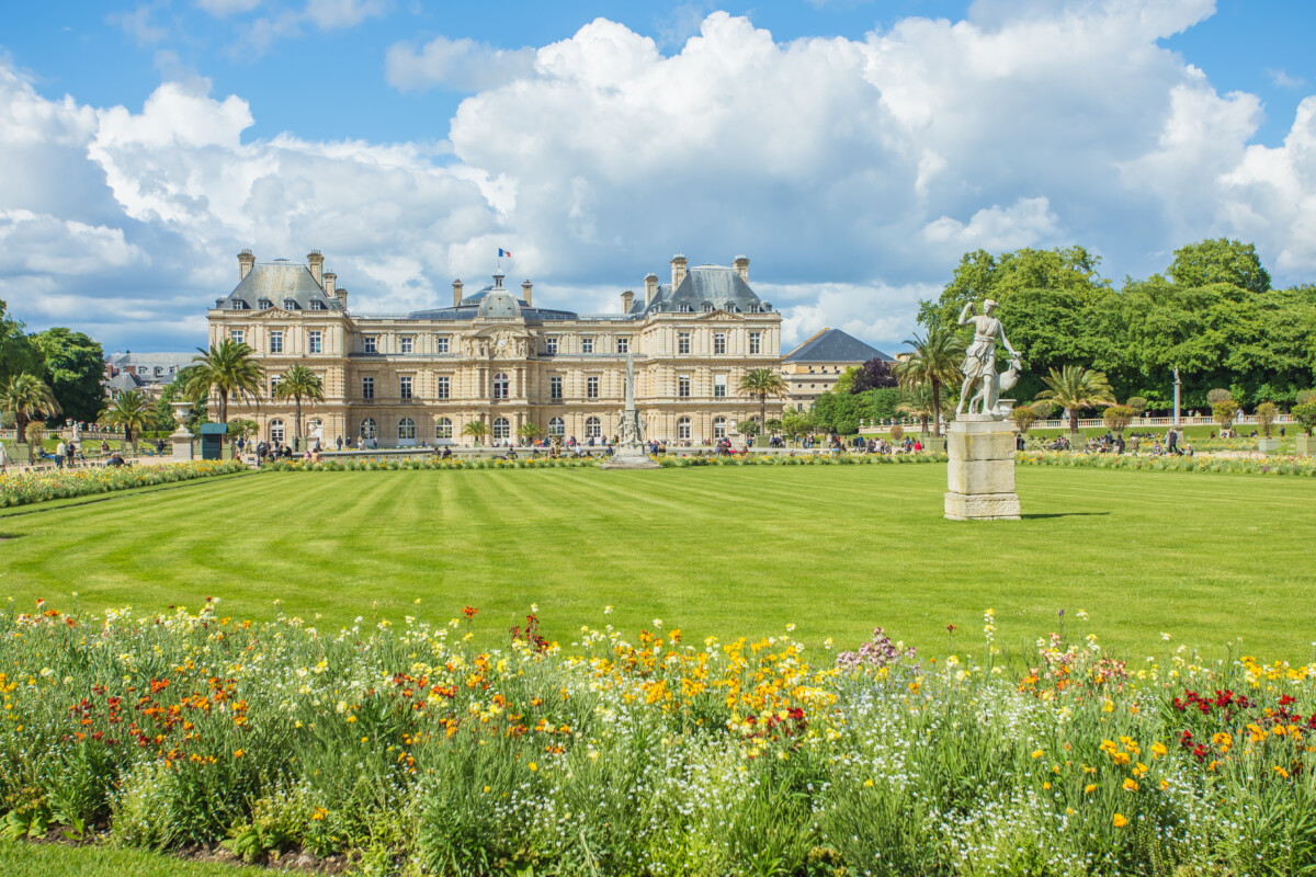 Luxembourg Gardens or the Jardin du Luxembourg and skyline in Paris, France