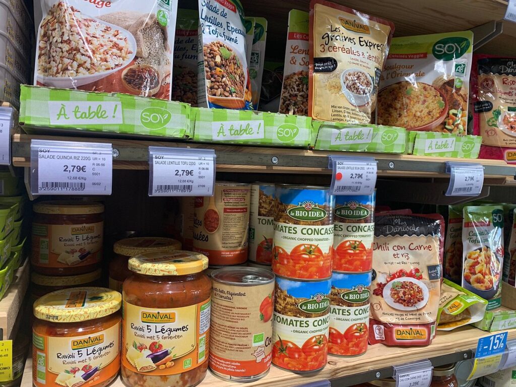 Food for sale at Monoprix supermarket in Paris, France