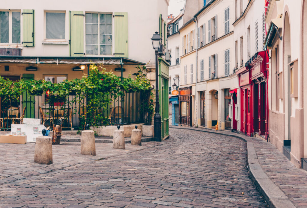 Quarter Montmartre street and houses in Paris, France