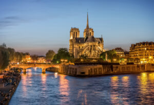 Night panoramic view to Cite island with Notre-Dame de Paris