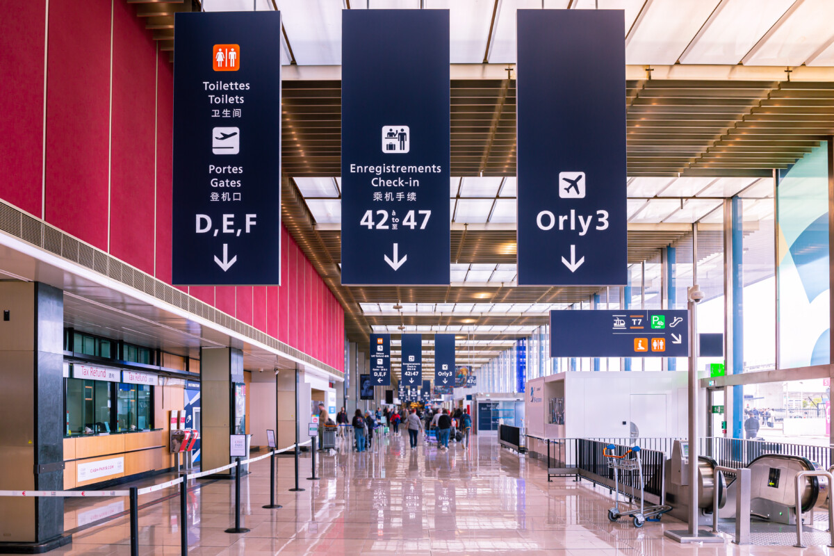 Paris Orly Airport, indicator signs in the terminal.