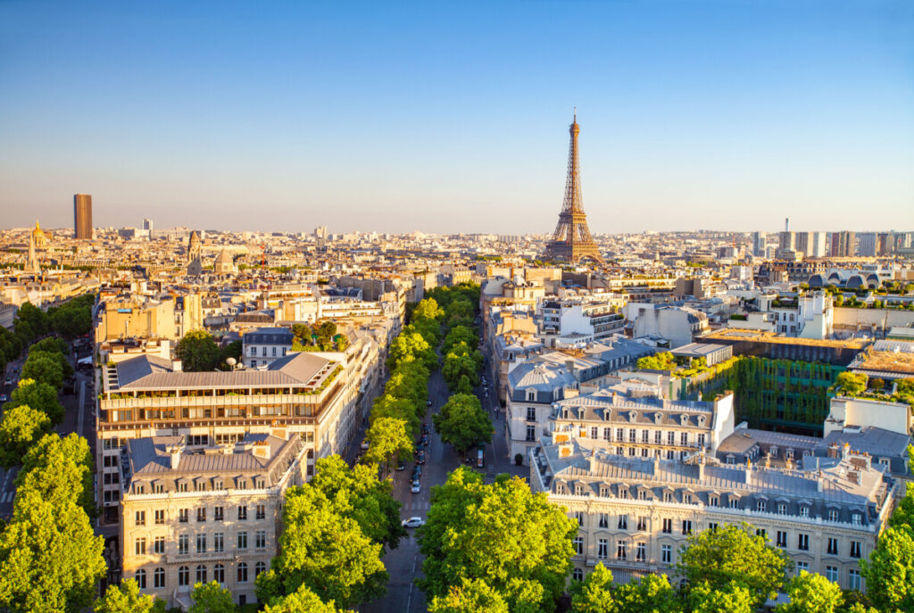 Paris cityscape and the Eiffel tower sunset view in Paris, France