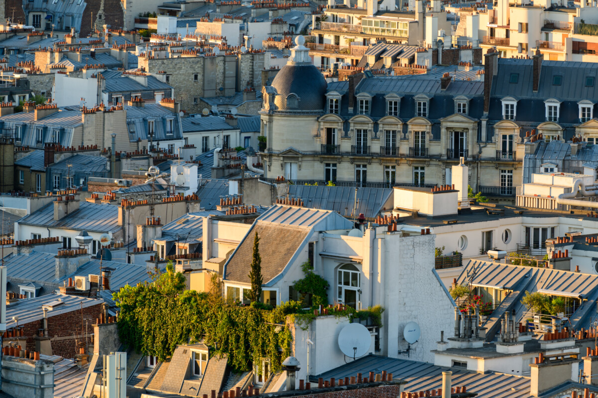 Aerial view of buildings, houses, and establishments in Paris, France