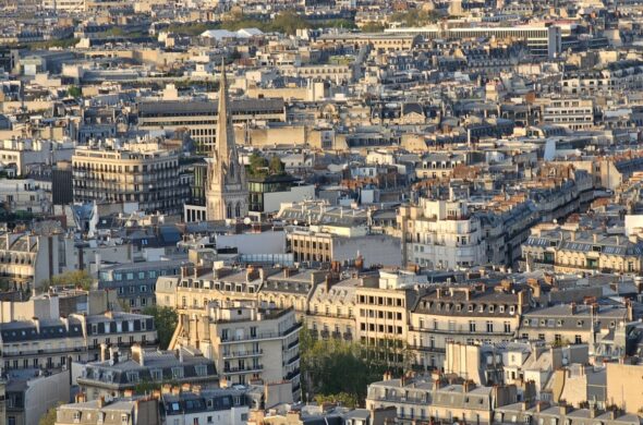 Aerial view to the city of Paris, during the golden hour