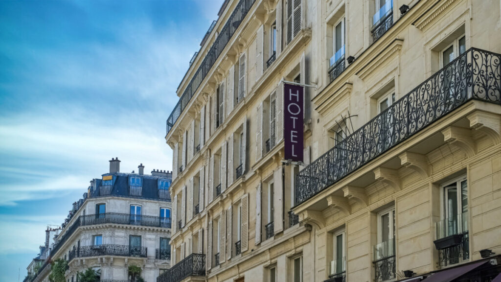 Hotel sign on abuilding in Paris, France