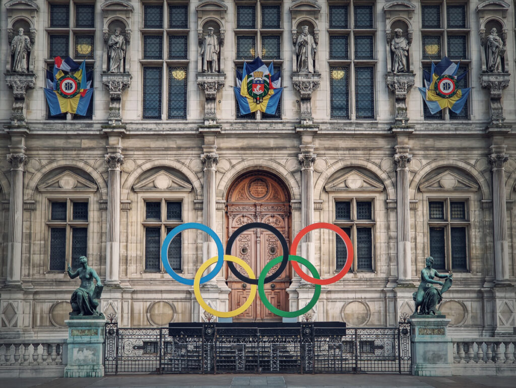 Olympic Rings in front of Paris City Hall entrance in Paris, France