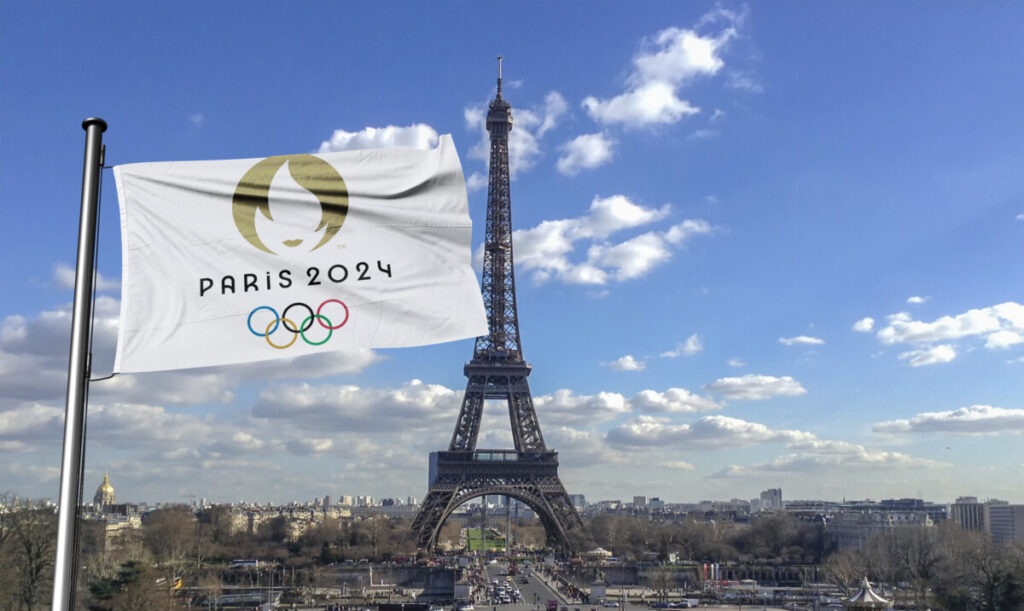 Paris Olympics Flag with Eiffel tower on the background