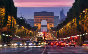 Champs Elysees and Arc de Triomphe in Paris France. night scene