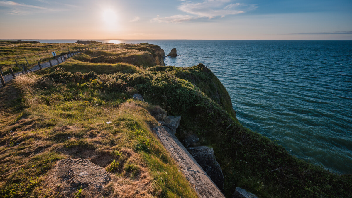 View of Pointe du Hoc in French Normandy at sunset.