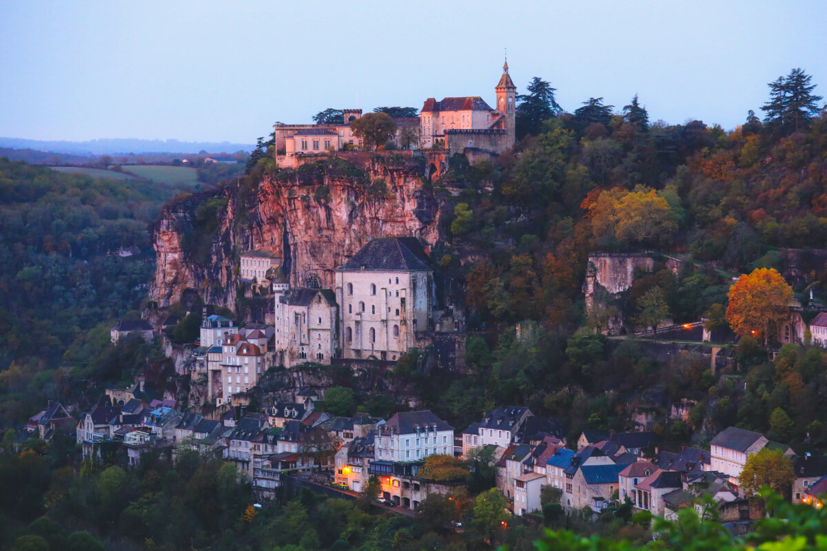 Rocamadour on cliff at sunset, Midi-Pyrenees, France